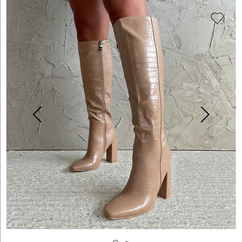 Simmi London - ROZLYN NUDE FAUX CROC PRINT BLOCK HEEL KNEE HIGH BOOTS
